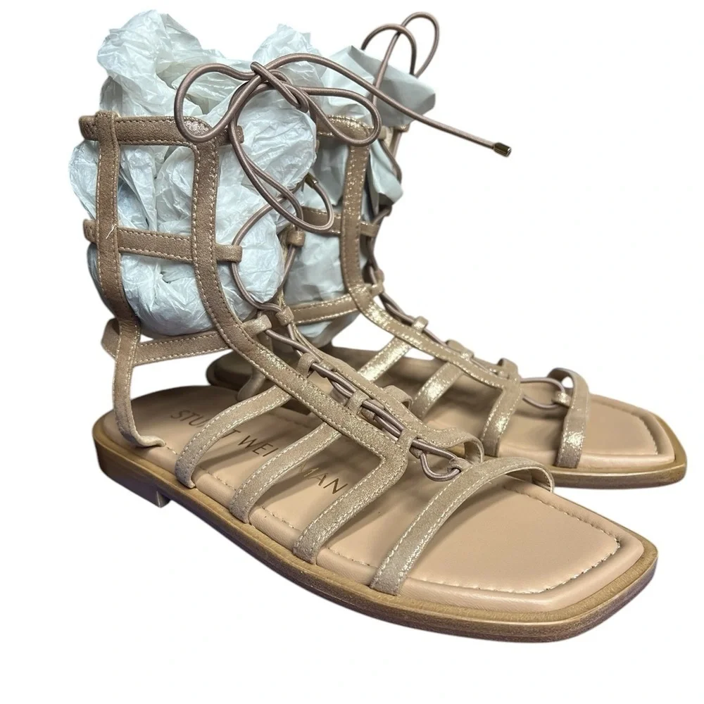NIB Stuart Weitzman Kora Lace Up Gladiator Shimmer Suede Taupe Sandals 4.5